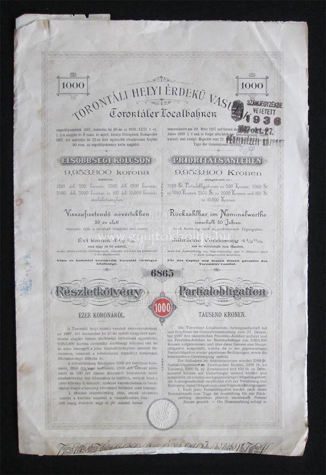 Torontáli Helyi Érdekű Vasutak kötvény 1000 korona 1898 (SRB)